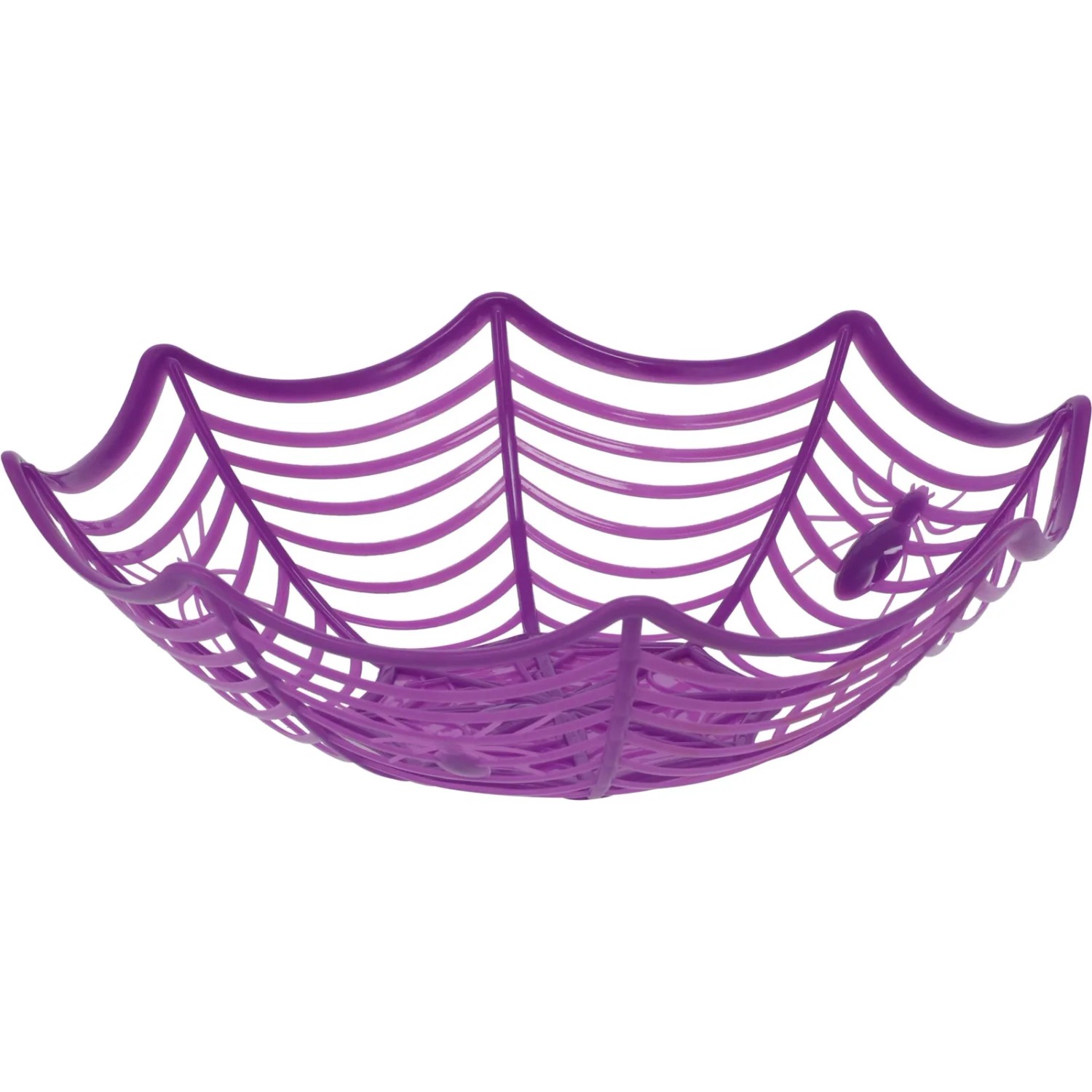 Lila Korb aus PP-Material in Spinnennetz-Optik, 27,5 cm, mit kleiner Spinne – ideal für Halloween.