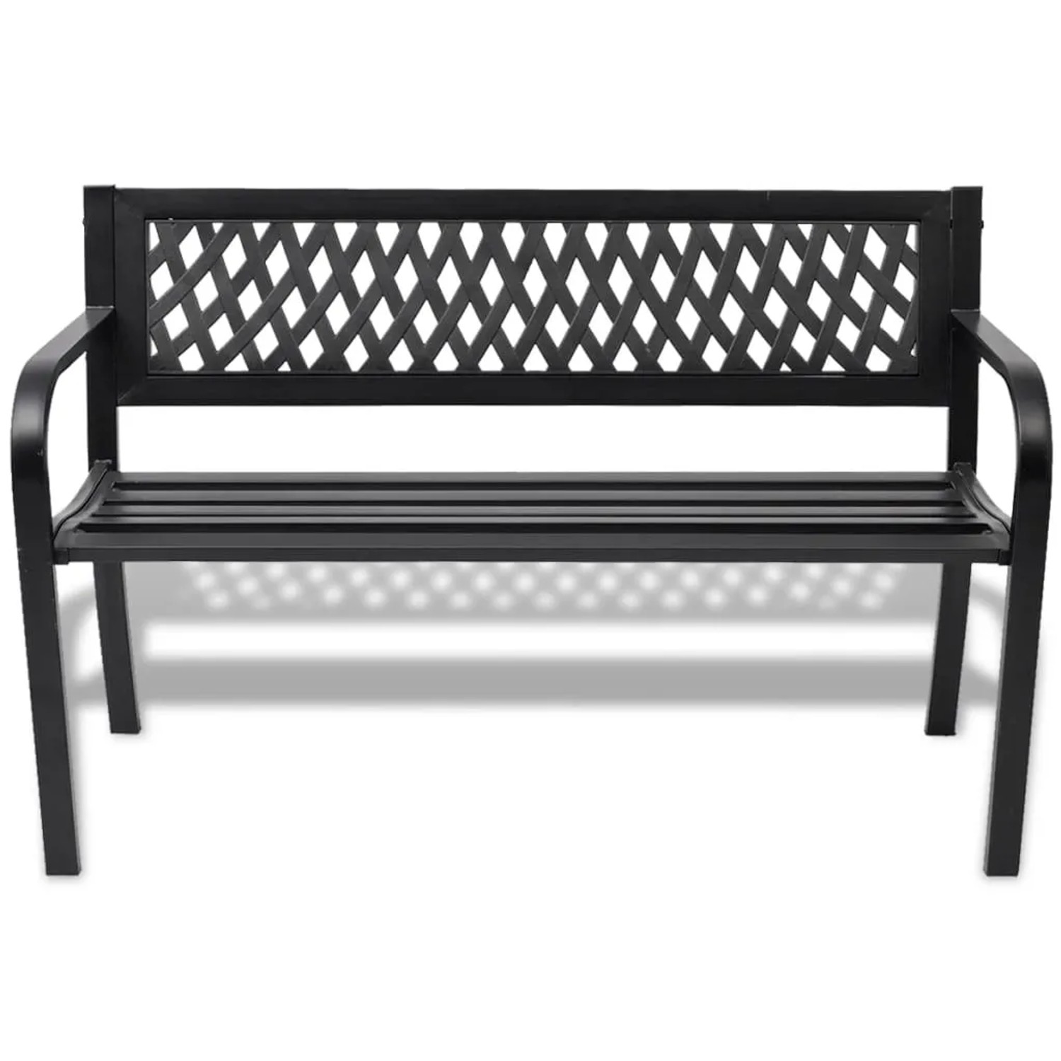 Schwarze furnicato Gartenbank aus Stahl, 118 cm breit, mit dekorativer Rückenlehne.