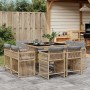 9-teilige Garten Essgruppe aus Rattan mit grauen Kissen. Gartentisch mit Glasplatte und 8 Stühle.