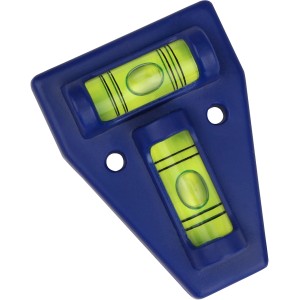 Calima Kreuzwasserwaage zur Ausrichtung von Wohnwagen und Anhängern, blaue Kunststofffassung mit zwei Libellen.