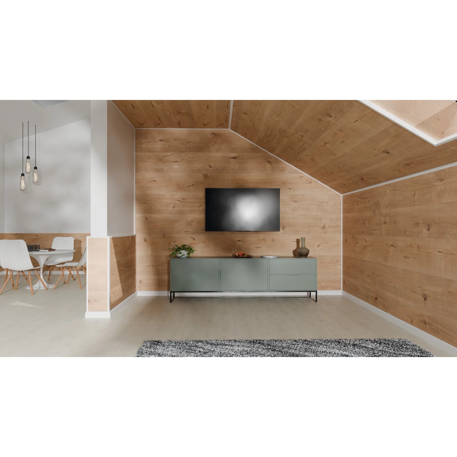 Raum mit Egger Decowall Wandverkleidung und weißer Faltleiste FL201 als Übergang.