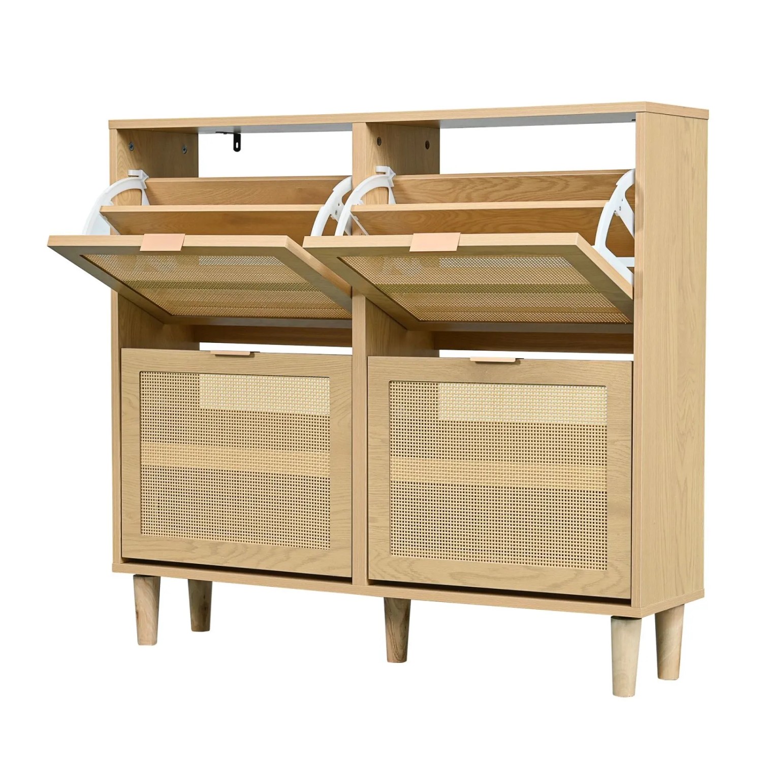 PXloue Schuhschrank Rattan mit 4 Klappen Schuhkipper  Schuhkommode  Oak