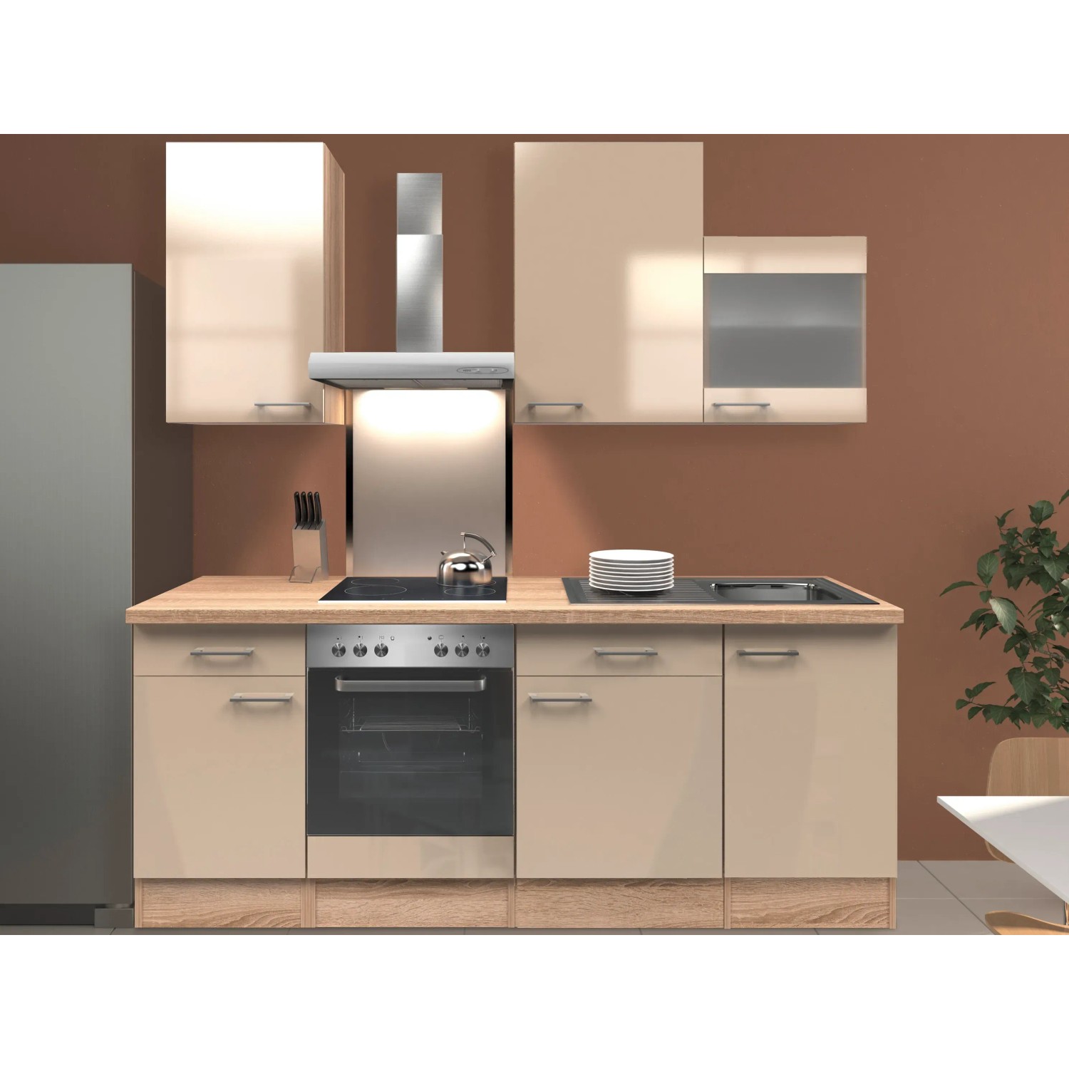 Flex-Well Exclusiv Küchenzeile Nepal 220 cm Kaschmir Glanz-Sonoma Eiche