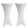Zwei weiße Beautissu Stella Stretch-Stehtischhussen, Ø 80 cm, formgenau für elegante Tische. Ideal für Events & Feiern.
