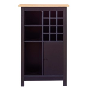 Schwarzer Weinschrank Helina mit heller Holzplatte, 12 Flaschenfächern, 2 offenen Regalen und Tür. Modernes Weinregal.