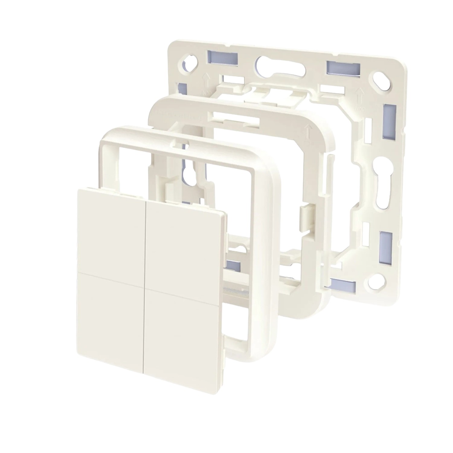 Weißer Shelly BLU Wall Switch 4, ein smarter Vierfachschalter für die Hausautomation, in Einzelteilen.