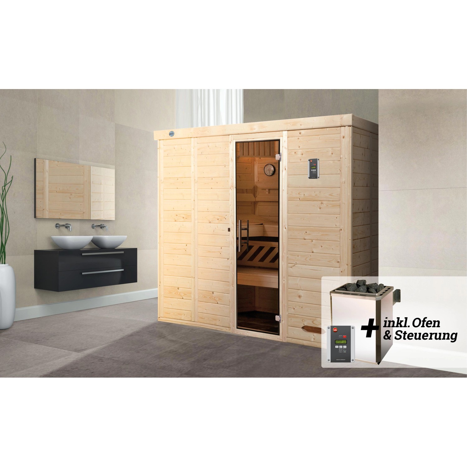 Weka Premium Massivholz-Elementsauna Kemi 5 Sparset 7,5 kW OS digi. Steueru günstig online kaufen