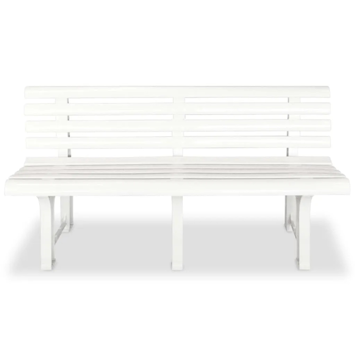 Weiße Gartenbank aus Kunststoff, 145,5 cm breit. Sitzbank für Terrasse und Garten.