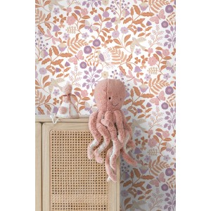 ESTAhome Vliestapete mit Blumen und Vögeln in Violett und Terrakotta.