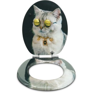 Sanfino WC-Sitz Boss Cat: Toilettendeckel mit Katzenmotiv, Absenkautomatik und Holz.