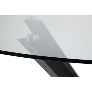 Detailansicht: Runde Glasplatte des ebuy24 Heaven Esstischs mit schwarzem Rand und Tischbein.