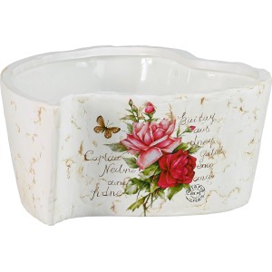 Cremefarbene Herz Pflanzschale aus Terrakotta mit Rosenmotiv, 23x23x9cm, für den Innenbereich.