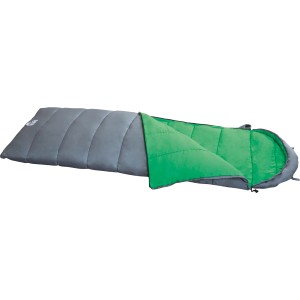 Grauer, extra breiter Mumienschlafsack (215x75 cm) mit geöffnetem, grünem Innenfutter für Camping.