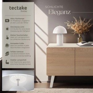 Weiße Tectake Akku-Tischlampe im Retro Pilzdesign auf Holz-Sideboard. Dimmbares Licht für Innenräume.