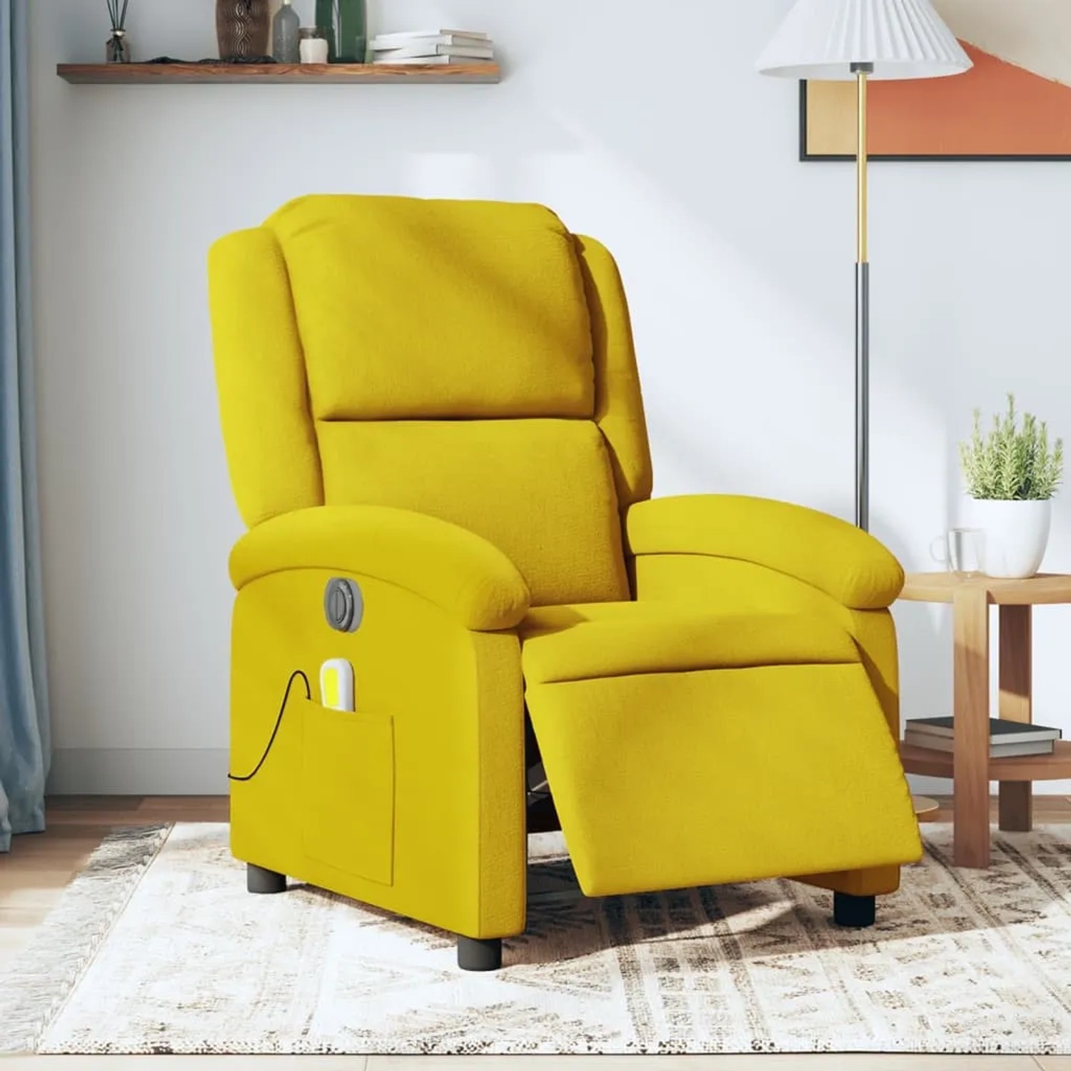 Gelber elektrischer Massagesessel aus Samt mit Vibrationsfunktion und Seitentasche.