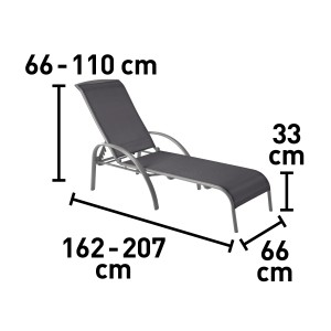 Sonnenliege Vigo, Textilen schwarz, mit Maßangaben. Wetterfeste Liege für Garten und Balkon.