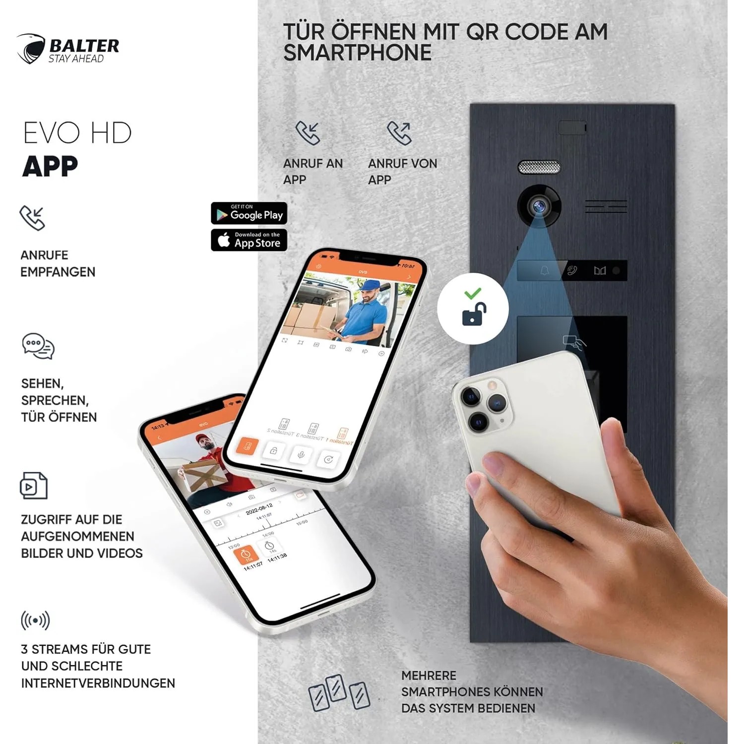Balter EVO-HD Video-Türsprechanlage mit App und Fingerprint, bedient per Smartphone.