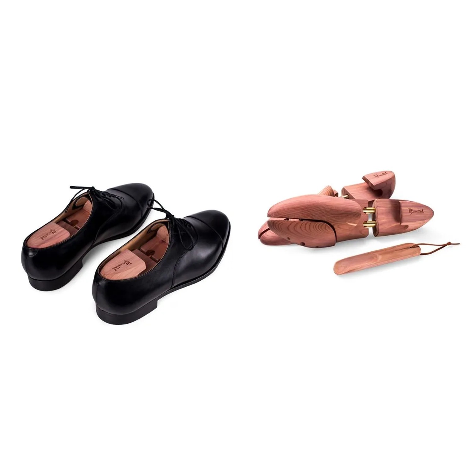 Blumtal Zedernholz-Schuhspanner in schwarzen Schuhen, daneben ein Paar Schuhspanner und Schuhlöffel für Herren & Damen.
