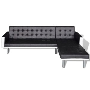Schwarzes vidaXL Schlafsofa in L-Form aus Kunstleder mit weißem Rahmen und Chromfüßen.