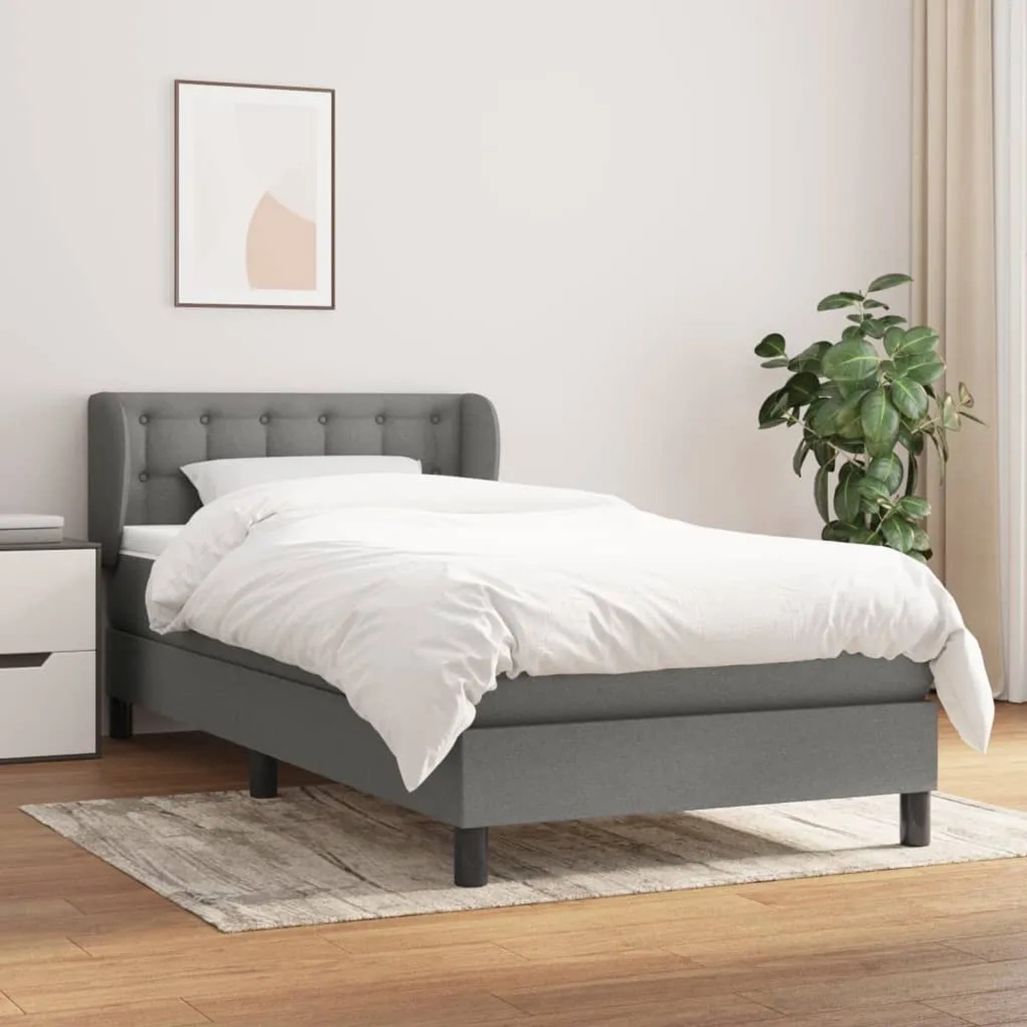 Dunkelgraues vidaXL Boxspringbett 100x200 cm mit Matratze und Stoffbezug.
