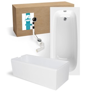 Calmwaters Rechteckwanne 170x75 cm Set mit Wannenträger und Ablaufgarnitur.