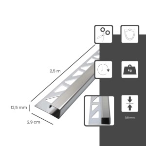 Gebürstete Edelstahl Fliesenschiene, 2,5m, quadratisches Eckprofil für Fliesenkanten.