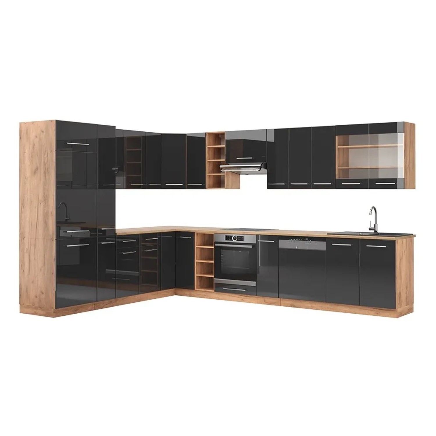 Vicco Eckküche Fame-Line Anthrazit Hochglanz/Goldkraft Eiche 347 x 82, AP Eiche