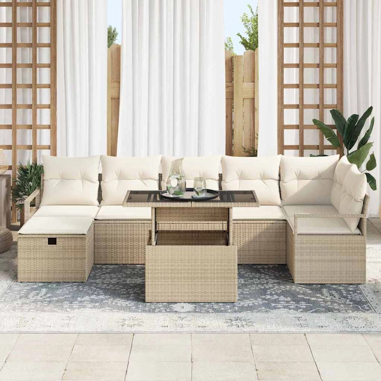 Beiges 8-teiliges vidaXL Garten-Sofa-Set aus Poly Rattan mit Kissen und Stauraum.