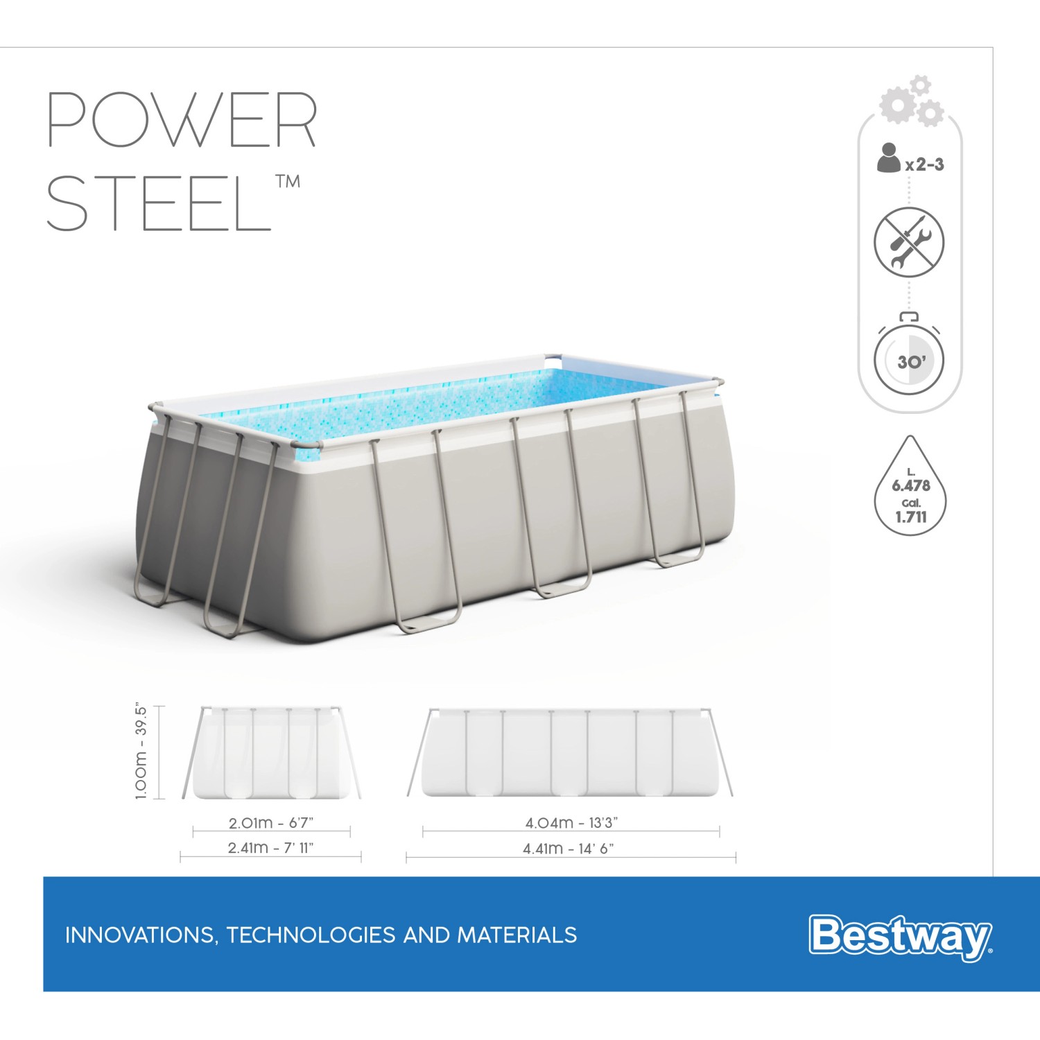 Rechteckiger Bestway Stahlrahmenpool Power Steel, grau, mit Stahlrahmen und Wasserfüllung.