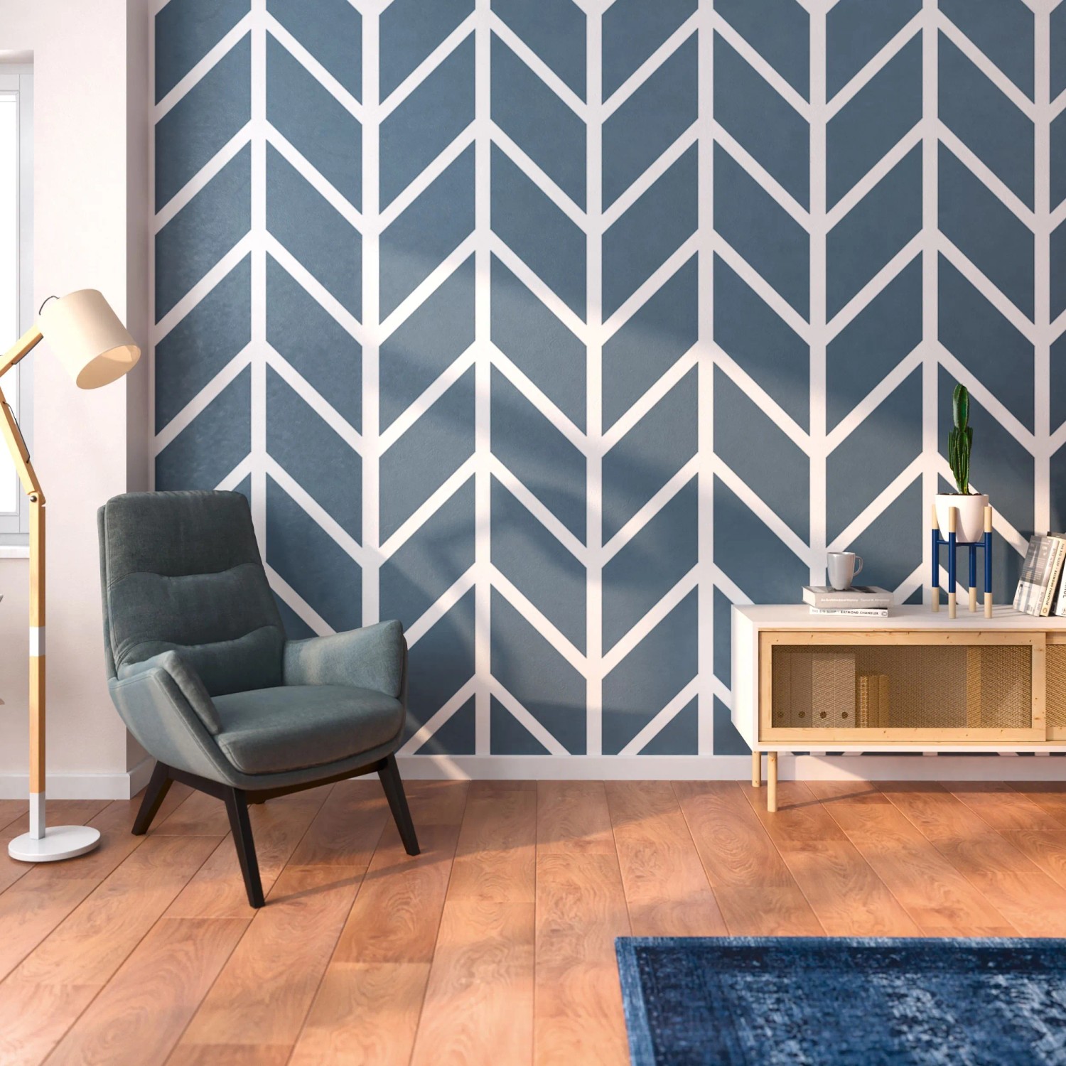 Wohnraum mit Wandfarbe Marineblau von CREATE! by OBI, mit modernem Zickzackmuster.