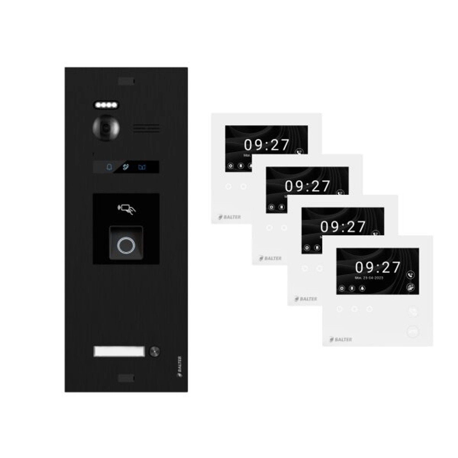 Balter Evo-HD-Mini Video Türsprechanlage mit Fingerprint Komplettset für 1-Familienhaus mit 4x 4,3 Zoll Monitor Schwarz