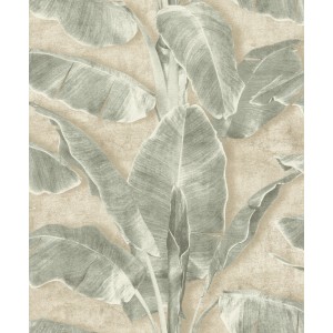 Rasch SK-Tapete Tesa 371727 Cuba mit grünen Bananenblättern auf beigem Grund.