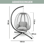 Grauer DELUKE Korbhängesessel mit schwarzem Stahlgestell und Kissen, Maße 185x120x100 cm. Ideal für Indoor & Outdoor.