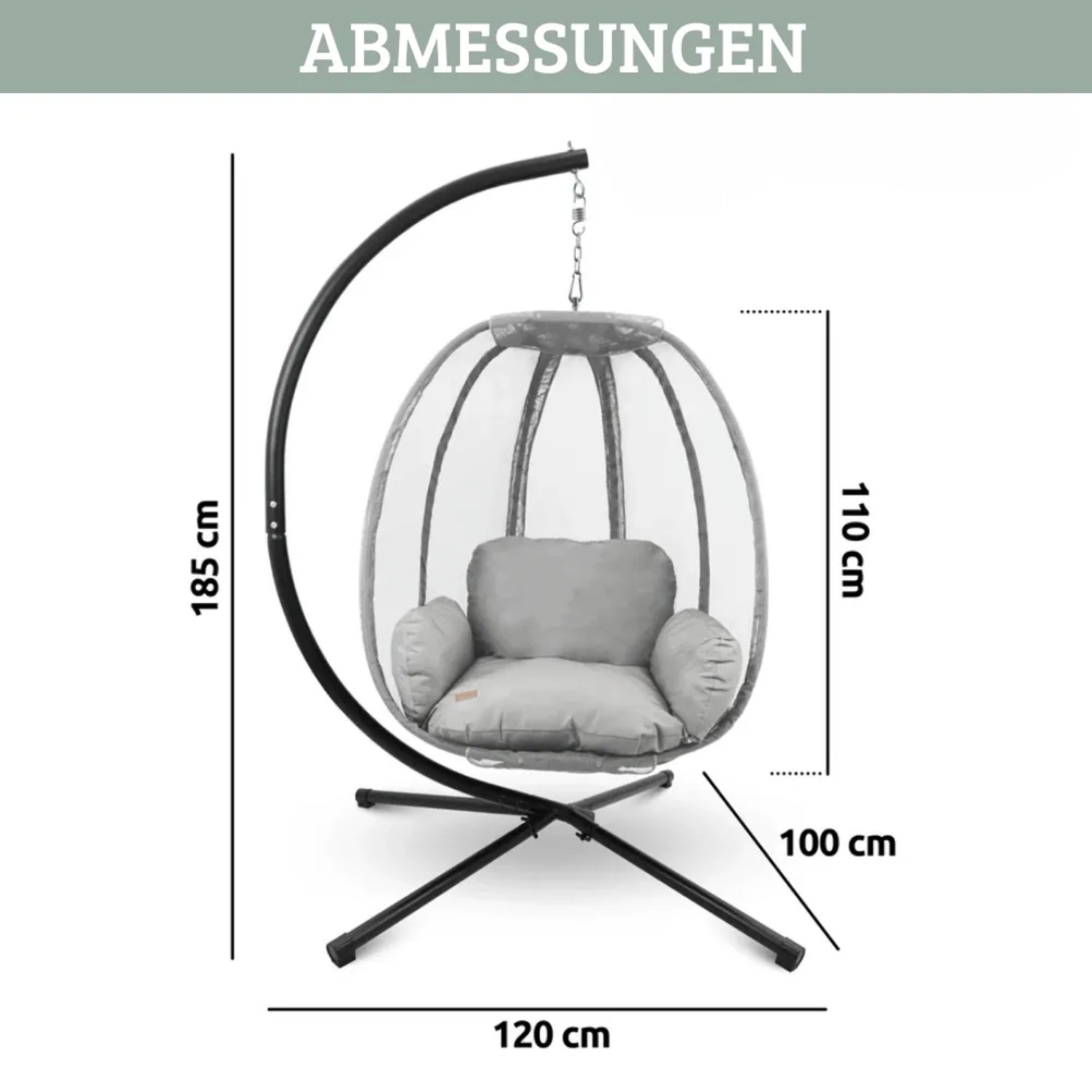 Grauer DELUKE Korbhängesessel mit schwarzem Stahlgestell und Kissen, Maße 185x120x100 cm. Ideal für Indoor & Outdoor.