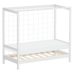 Weißes ML-Design Kinderbett Fußballtor 70x140 cm mit Matratze aus Holz.