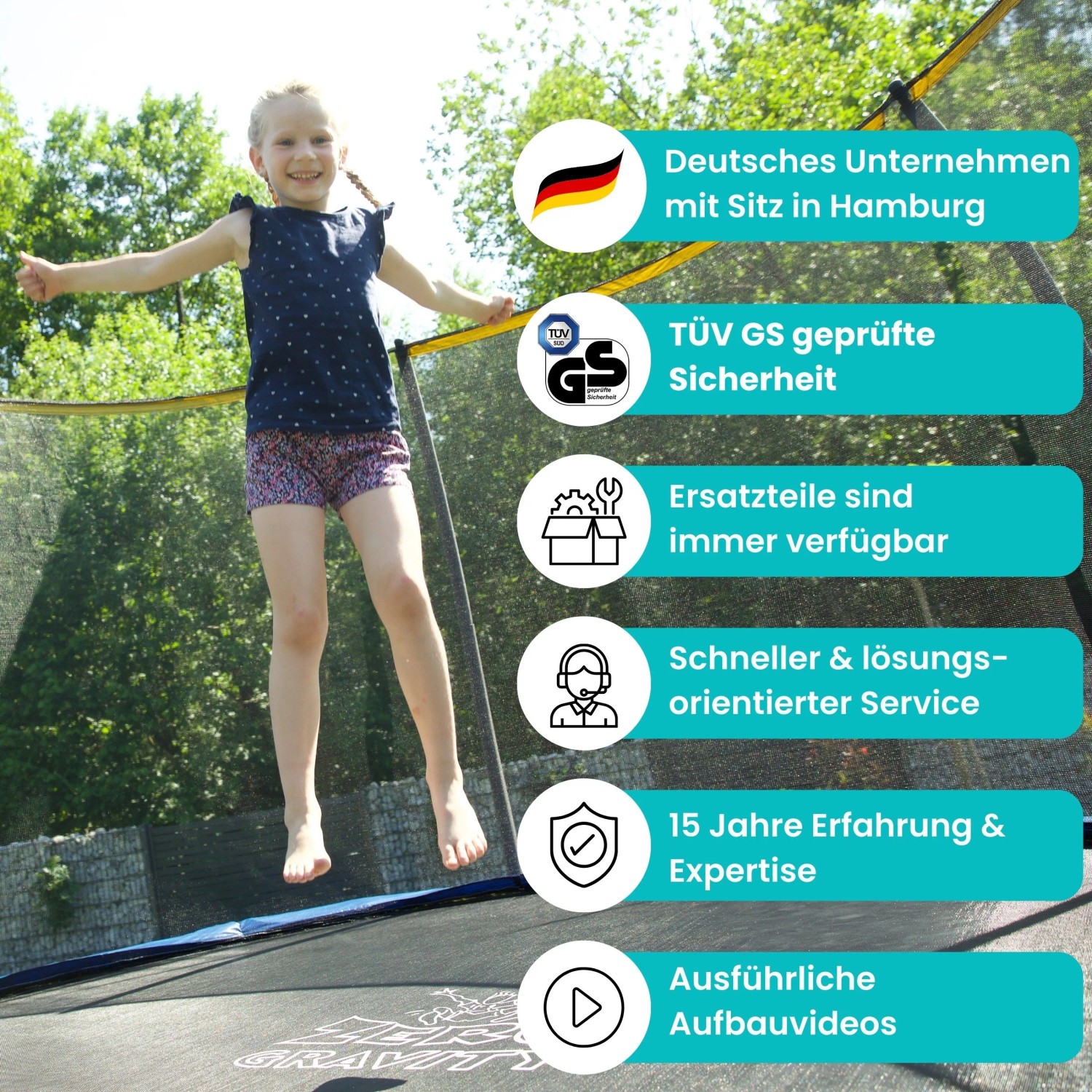 Mädchen springt auf Zero Gravity Gartentrampolin 305x213cm mit Sicherheitsnetz und Leiter.