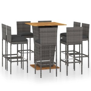 vidaXL 9-tlg. Gartenbar-Set Grau mit Kissen: Bar-Tisch und 8 Barhocker aus Rattan mit Akazienholzplatte.
