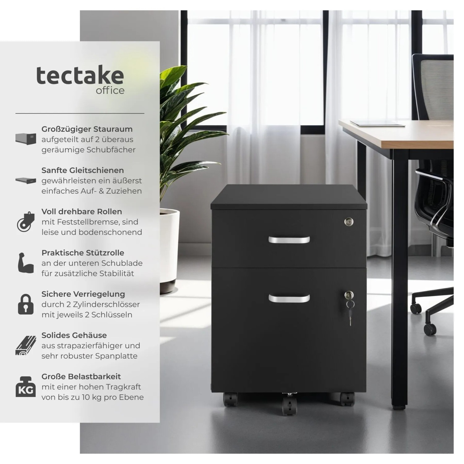 Tectake Rollcontainer Vagur Mit 2 Schubladen Für Dokumente Im A4 Format Abschließbar  Inkl  Ersatzschlüsseln  46 x 40 x 54 50 cm Schwarz_2
