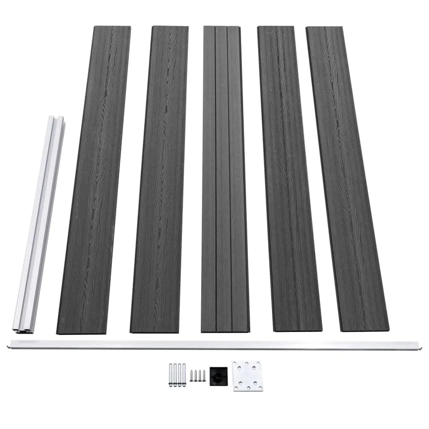 vidaXL Zaunelement Set WPC Schwarz, bestehend aus Brettern, Pfosten, Aluminiumstangen und Montagezubehör.
