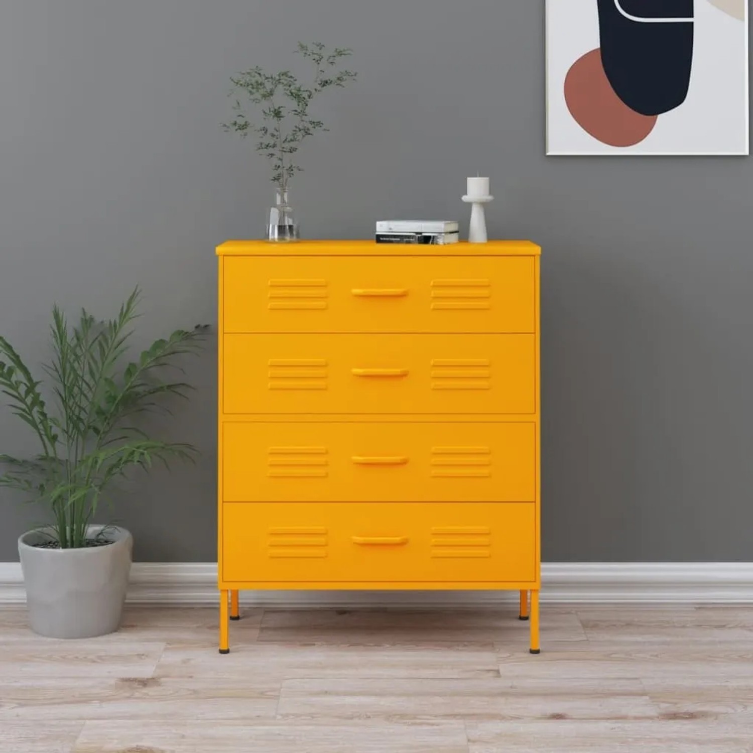 Senfgelbe vidaXL Kommode aus Stahl mit 4 Schubladen, 80x35x101,5 cm. Ideal für Wohnraum.
