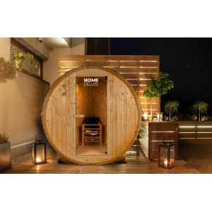 Outdoor Fasssauna Lahti aus Tannenholz, naturbelassen, mit Glastür und Saunazubehör.