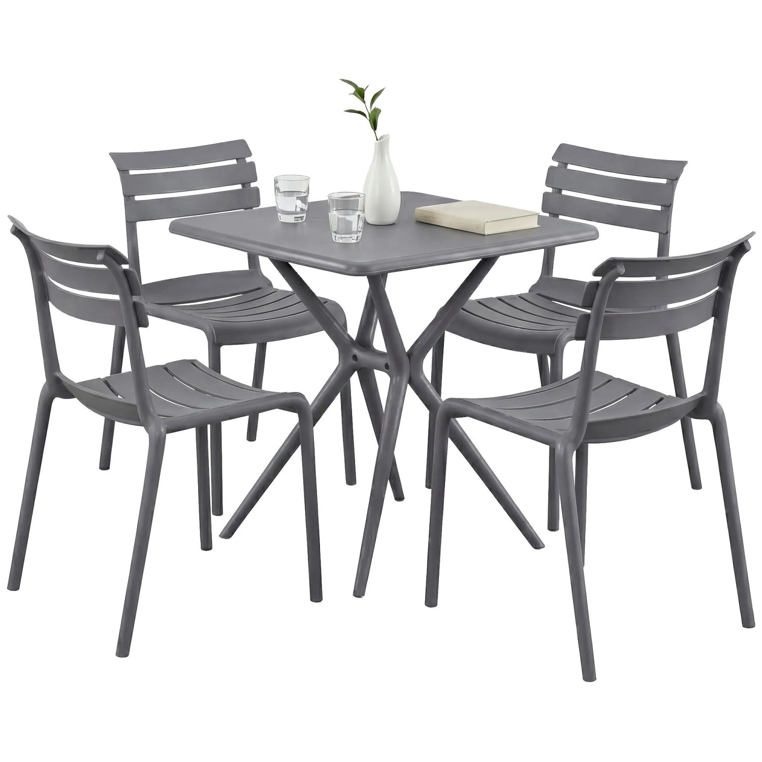 DELUKE Gartenmöbel-Set KLARA mit 4 Stühlen 190x190x82cm Kunststoff Dunkelgrau Balkonset Gartenset Tisch mit Stühlen Bistroset Outdoor