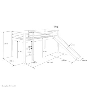Homestyle4u Kinderbett 90x200: Maßzeichnung des Hochbetts mit Rutsche, Leiter und Sicherheitsumrandung. Abenteuerbett.