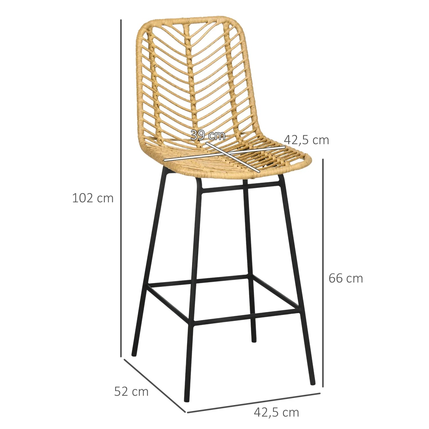 HOMCOM Barhocker 2er Set, Barstuhl mit Rattanoptik und schwarzem Metallgestell.