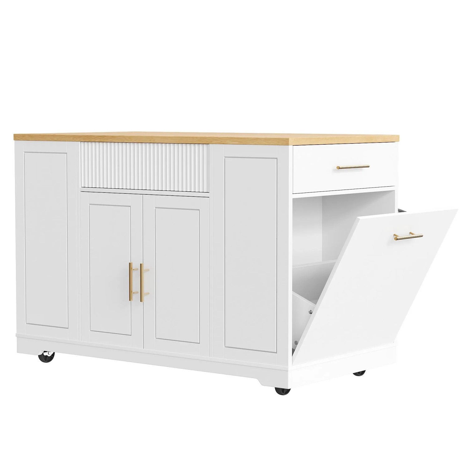 okwish Kücheninsel mit Rollen Abfallbehälterfach Schubladen Küche 120 x 50 x 92 cm Weiß