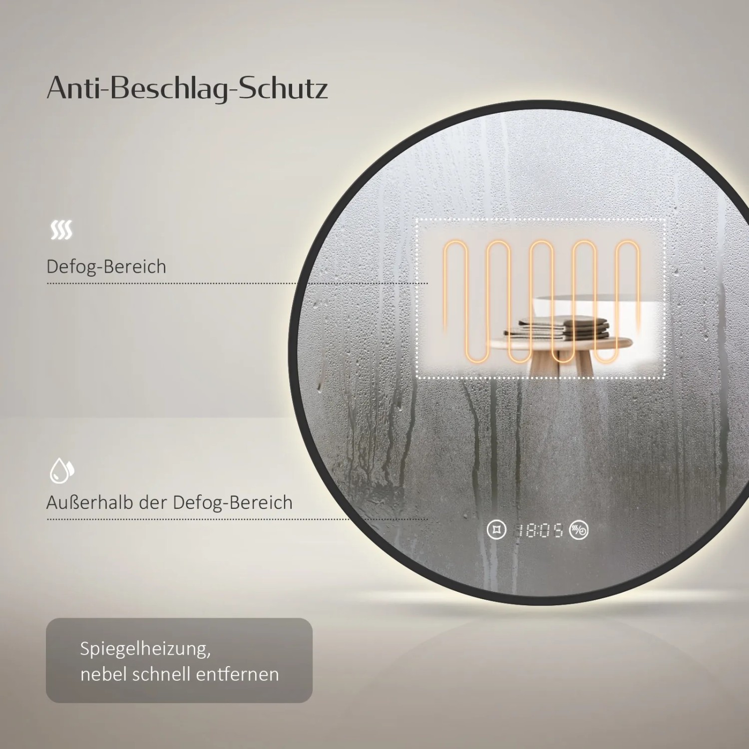 Emke LED Badspiegel 60cm mit Antibeschlag, Uhr und Temperaturanzeige im Detail.