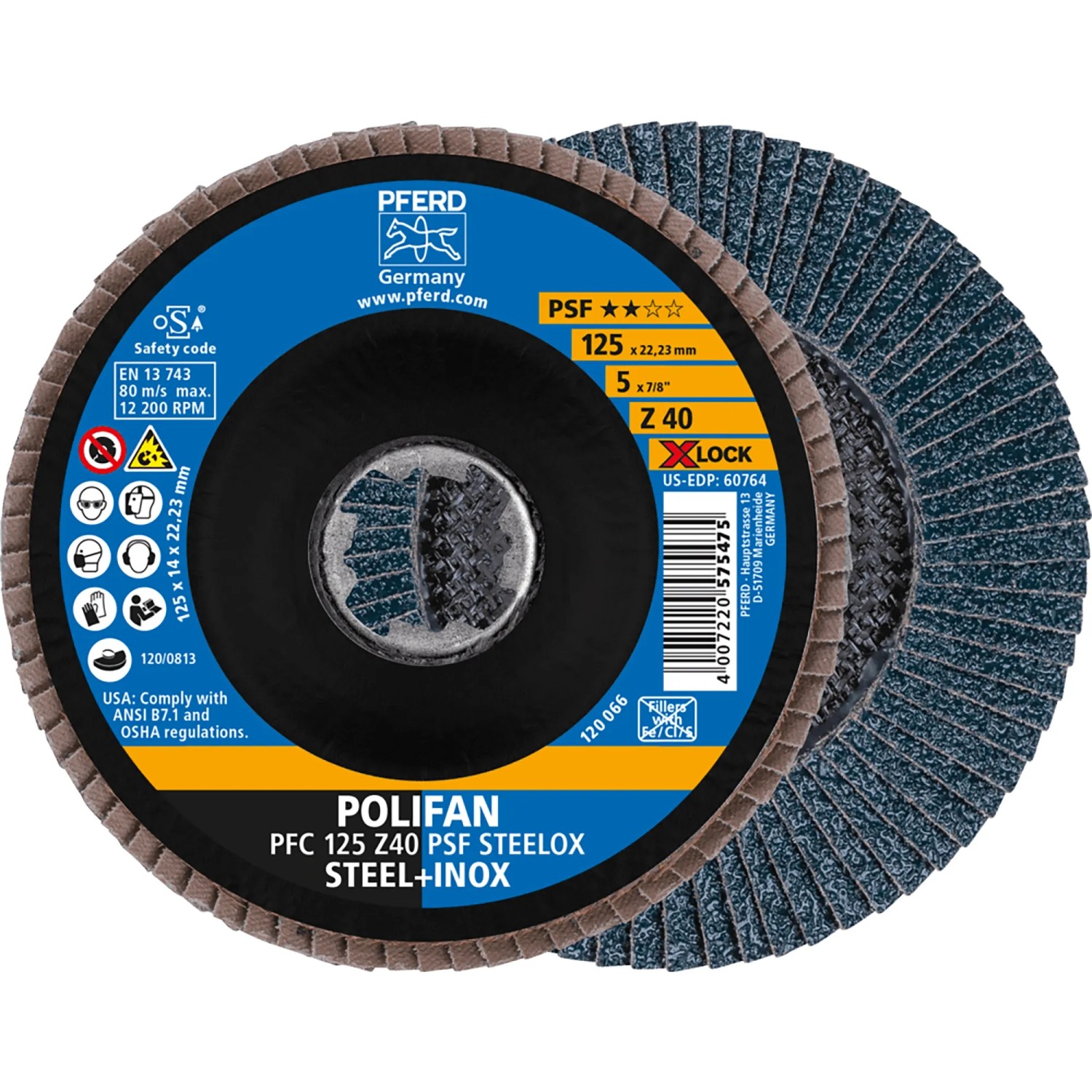 Pferd Fächerscheibe Polifan PSF Steelox, 125mm, Korn 40, X-Lock Aufnahme für Schleifmaschinen.