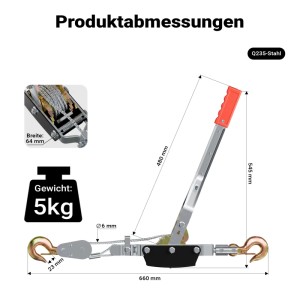 Wiltec Handseilzug aus Stahl mit rotem Hebel, Drahtseil und Haken. Maße: 660mm Länge, 5kg Gewicht. Flaschenzug.