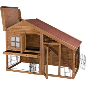 Brauner Trixie Kleintierstall Natura mit Freilaufgehege, 151x107x80 cm, aus Kiefernholz mit Dachpappe.