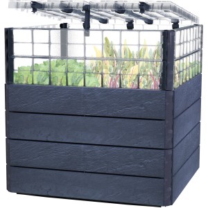 Garantia Hochbeet-System Turbo Plus L Ergo Quadro Stone mit Frühbeetabdeckung und Pflanzen.